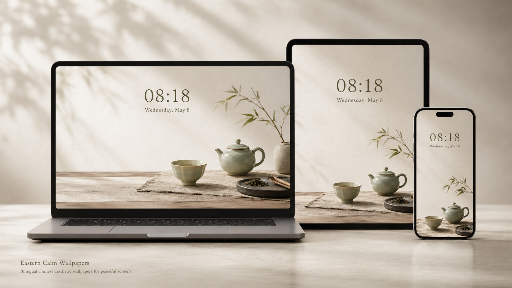 Eastern Calm Wallpapers displayed on laptop, tablet, and phone
